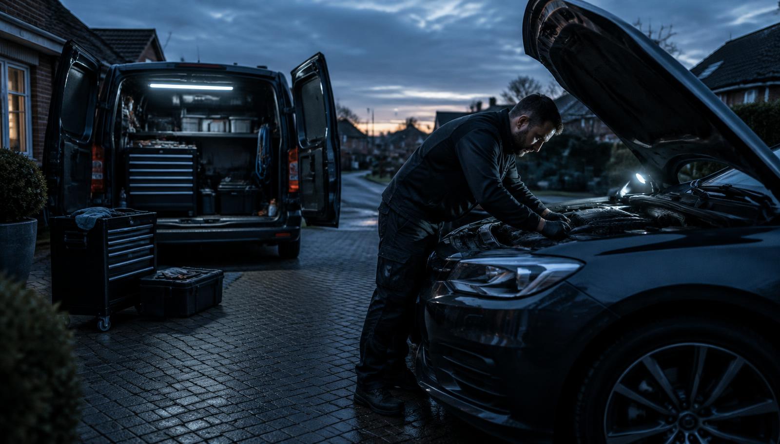 Mobile mechanic working on a car on a driveway